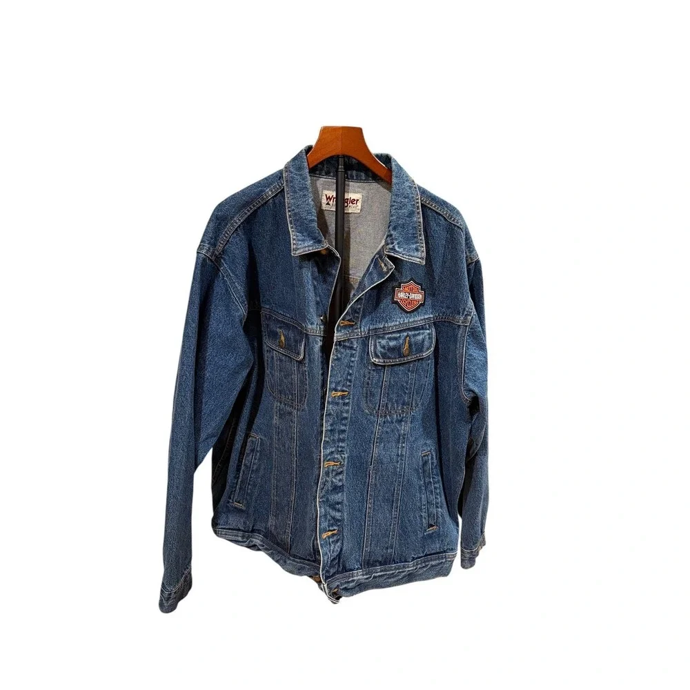 Vtg 90s Wrangler Denim‎ Jacket Blue Classic Fit With Harley Davidson Patches 2XL